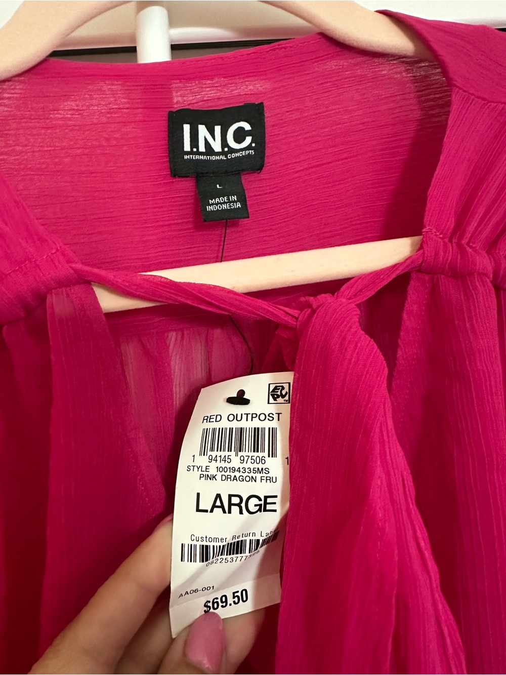 Bundle 4/$25 INC International Concepts Hot Pink Tie-Neck Sheer Blouse - Picture 3 of 5
